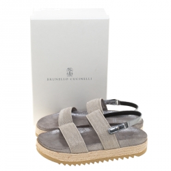 Brunello Cucinelli Metallic Silver Beaded Strap Espadrille Flat Sandals Size 39