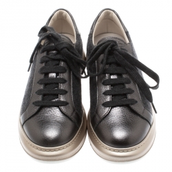 Brunello Cucinelli Dark Grey Wool And Leather Platform Sneakers Size 37.5