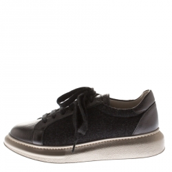 Brunello Cucinelli Dark Grey Wool And Leather Platform Sneakers Size 37.5