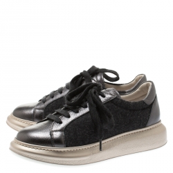 Brunello Cucinelli Dark Grey Wool And Leather Platform Sneakers Size 37.5