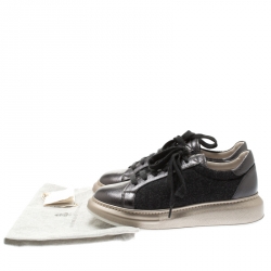 Brunello Cucinelli Dark Grey Wool And Leather Platform Sneakers Size 37.5