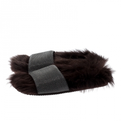 Brunello Cucinelli Brown Monile Bead And Shearling Slip On Slides Size 37