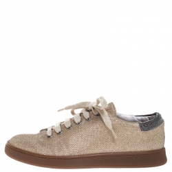 Brunello Cucinelli Beige Glitter Fabric Low Top Sneakers Size 38
