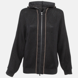 Brunello Cucinelli Black Embellished Rib Knit Hooded Jacket L