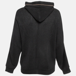 Brunello Cucinelli Black Embellished Rib Knit Hooded Jacket L
