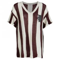 Pre Owned Brunello Cucinelli Brown and Cream Striped Knit Sequin Embellished Short Sleeve Sweater XXL