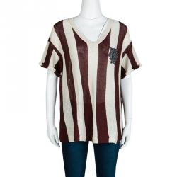 Pre Owned Brunello Cucinelli Brown and Cream Striped Knit Sequin Embellished Short Sleeve Sweater XXL