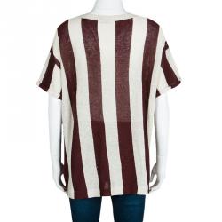 Pre Owned Brunello Cucinelli Brown and Cream Striped Knit Sequin Embellished Short Sleeve Sweater XXL