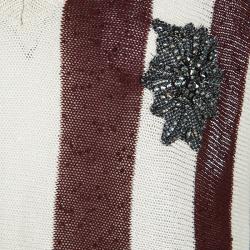 Pre Owned Brunello Cucinelli Brown and Cream Striped Knit Sequin Embellished Short Sleeve Sweater XXL