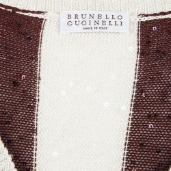 Pre Owned Brunello Cucinelli Brown and Cream Striped Knit Sequin Embellished Short Sleeve Sweater XXL