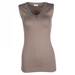 Pre Owned Brunello Cucinelli Brown Rib Jersey Embellished Neck Detail Sleeveless Top S