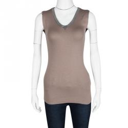 Pre Owned Brunello Cucinelli Brown Rib Jersey Embellished Neck Detail Sleeveless Top S