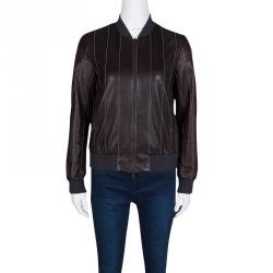 Pre Owned Brunello Cucinelli Brown Leather Embellished Zip Front Bomber Jacket S