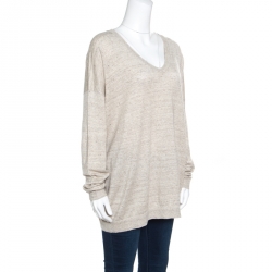 Pre Owned Brunello Cucinelli Beige Metallic Knit Linen Long Sleeve Sweater XXL