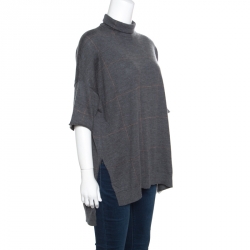 Brunello Cucinelli Grey Cashmere Lurex Knit Drop Shoulder Turtleneck Sweater S