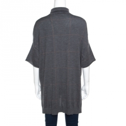 Brunello Cucinelli Grey Cashmere Lurex Knit Drop Shoulder Turtleneck Sweater S