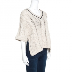 Brunello Cucinelli Beige Chunky Knit Monili Trim V Neck Sweater S