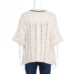 Brunello Cucinelli Beige Chunky Knit Monili Trim V Neck Sweater S