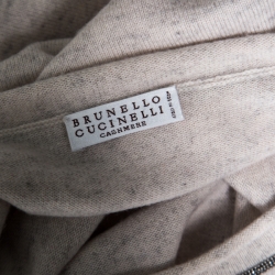 Pre Owned Brunello Cucinelli Cream and Grey Melange Cashmere Monili Neck Trim Detail Sweater M