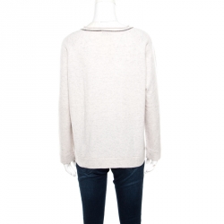 Pre Owned Brunello Cucinelli Cream and Grey Melange Cashmere Monili Neck Trim Detail Sweater M
