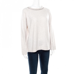 Pre Owned Brunello Cucinelli Cream and Grey Melange Cashmere Monili Neck Trim Detail Sweater M