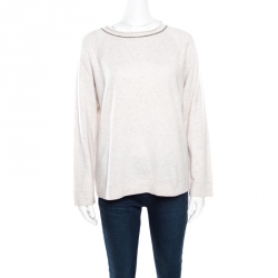 Pre Owned Brunello Cucinelli Cream and Grey Melange Cashmere Monili Neck Trim Detail Sweater M