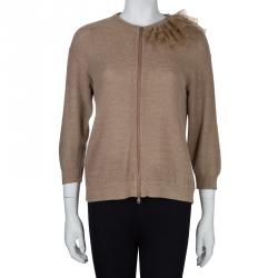 Pre Owned Brunello Cucinelli Gold Ruffle Detail Zipper Cardigan M