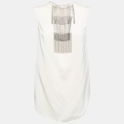 Pre Owned Brunello Cucinelli Ecru White Silk Collar Embellished Top M