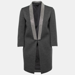 Pre Owned Brunello Cucinelli Grey Wool Knit Embellished Lapel Blazer S