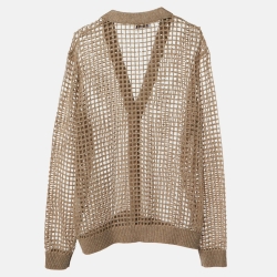 Pre Owned Brunello Cucinelli Beige Sequinned Cashmere Open Knit Cardigan L