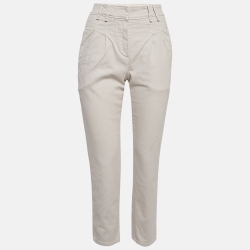 Cream Pleated Cotton Blend Formal Trousers