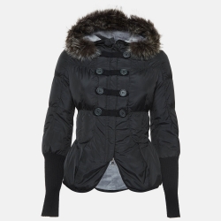 Black Fur Collar Synthetic Peplum Puffer Jacket