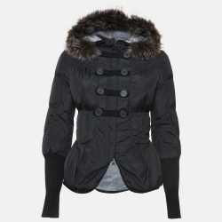 Brunello Cucinelli Black Fur Collar Synthetic Peplum Puffer Jacket S
