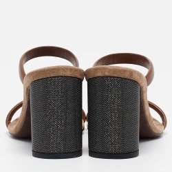 Brunello Cucinelli Brown Leather Beaded Block Heel Slide Sandals Size 37