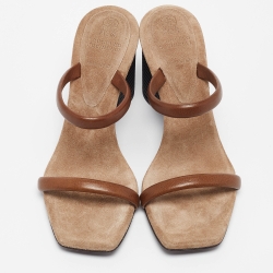 Brunello Cucinelli Brown Leather Beaded Block Heel Slide Sandals Size 37