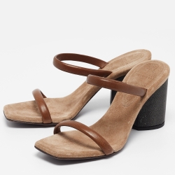Brunello Cucinelli Brown Leather Beaded Block Heel Slide Sandals Size 37