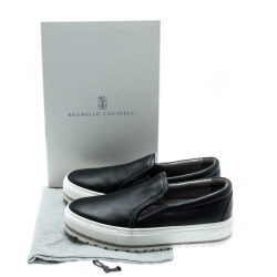 Pre Owned Brunello Cucinelli Black Leather Slip On Sneakers Size 39.5