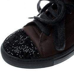 Brunello Cucinelli Brown Leather And Glitter Cap Toe Fur Lined High Top Sneakers Size 37