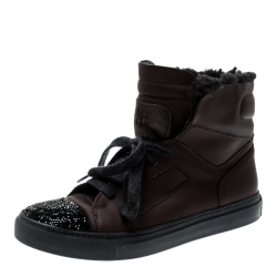 Brunello Cucinelli Brown Leather And Glitter Cap Toe Fur Lined High Top Sneakers Size 37