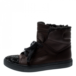 Brunello Cucinelli Brown Leather And Glitter Cap Toe Fur Lined High Top Sneakers Size 37
