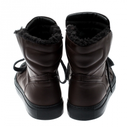 Brunello Cucinelli Brown Leather And Glitter Cap Toe Fur Lined High Top Sneakers Size 37