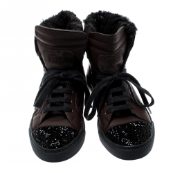 Brunello Cucinelli Brown Leather And Glitter Cap Toe Fur Lined High Top Sneakers Size 37