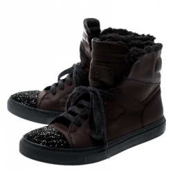 Brunello Cucinelli Brown Leather And Glitter Cap Toe Fur Lined High Top Sneakers Size 37