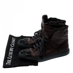 Brunello Cucinelli Brown Leather And Glitter Cap Toe Fur Lined High Top Sneakers Size 37