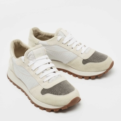 Brunello Cucinelli Grey Suede and Nylon Embellished Low Top Sneakers Size 38.5