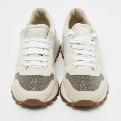 Brunello Cucinelli Grey Suede and Nylon Embellished Low Top Sneakers Size 38.5