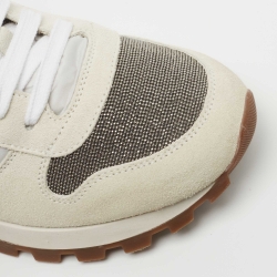 Brunello Cucinelli Grey Suede and Nylon Embellished Low Top Sneakers Size 38.5