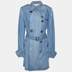 Blue Denim Double Breasted Belted Trench Coat