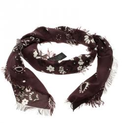 Pre Owned Burberry Prorsum Burgundy Floral Printed Silk Elderberry Square Scarf