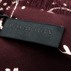 Pre Owned Burberry Prorsum Burgundy Floral Printed Silk Elderberry Square Scarf